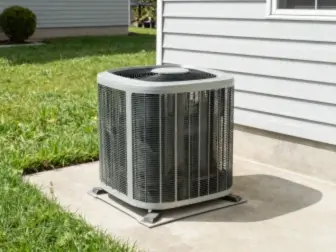 New central air conditioning unit installed on a concrete pad beside a residential home