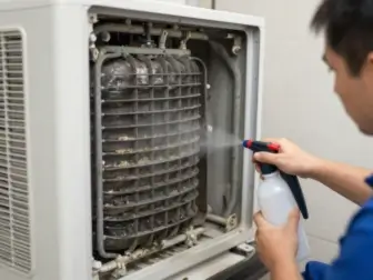 Dirty evaporator coil being cleaned during a service call