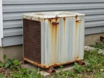 Old rusted air conditioning condenser unit before replacement